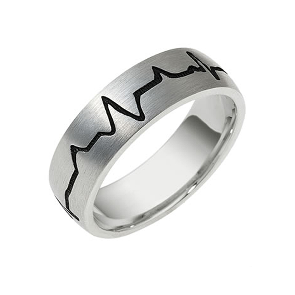 Mens Heartbeat Pattern Wedding Band In White Gold